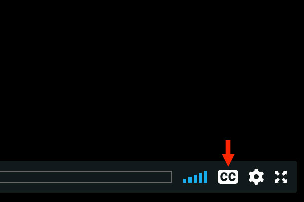 Vimeo's video player with an arrow indicating where the Subtitles/closed captions (c) icon is.
