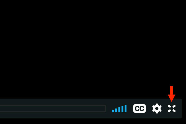 Vimeo's video player with an arrow indicating where the Full screen icon is.