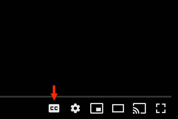 YouTube's video player with an arrow indicating where the Subtitles/closed captions (c) icon is.