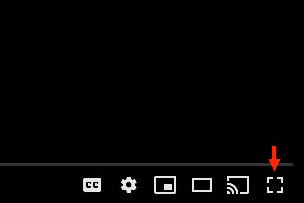 YouTube's video player with an arrow indicating where the Full screen icon is.