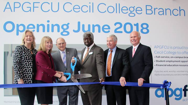 Group at a ribbon cutting ceremony for APGFCU at Cecil College.