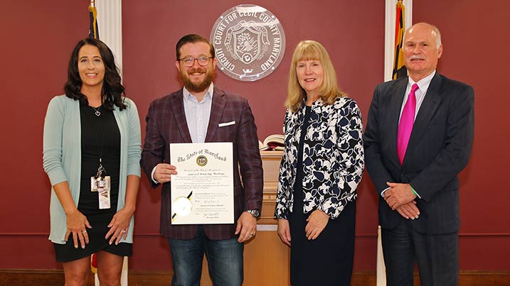 From Left are: Brandy Douglas, Chief Deputy Clerk for Cecil County; Cameron A. Brown, esq., newest Trustee for Cecil College Board; Mary Way Bolt, Cecil College President; and Mark Mortensen, Chair of the Cecil College Board of Trustees.