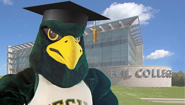 Gibson, Cecil College's official mascot, in a graduation cap.