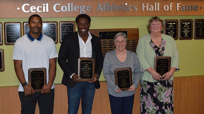 Cecil College Athletics Hall of Fame inductees Rashad Brooks, Dwayne “DJ” Wootson, Debra (Bowers) Fitzgerald, and Barbara (Howell) Monger.