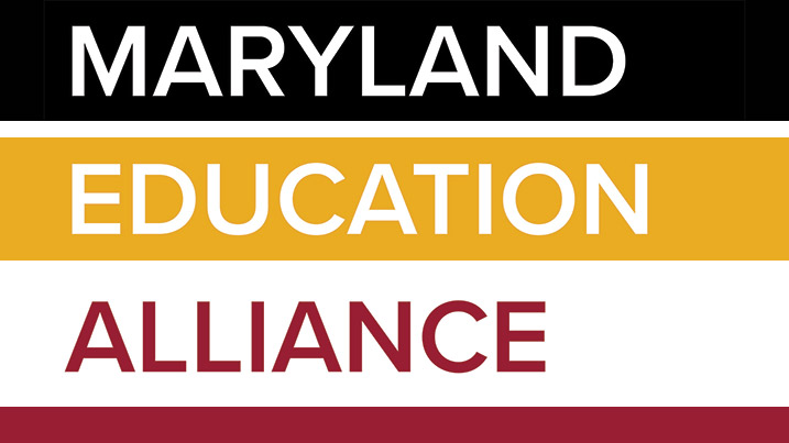 This is the logo for the Maryland Education Alliance. There are four colors featured in this logo, black, white, gold and red.