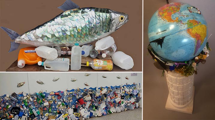 Various works of art created from found plastic by Dominic Galloro.