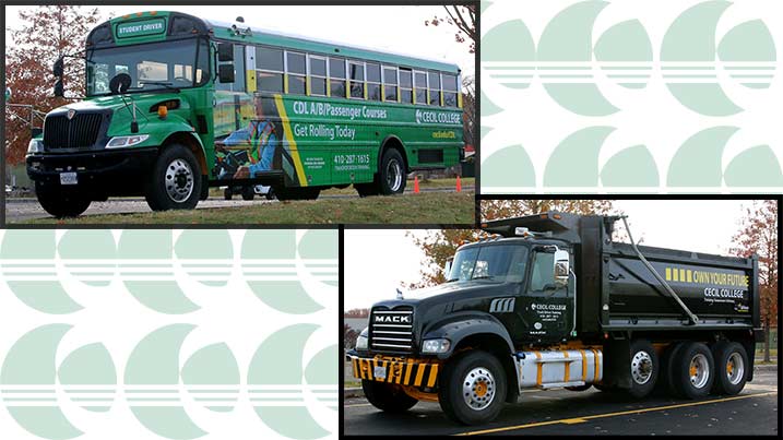 Bus and dump truck donated to Cecil College's CDL program.