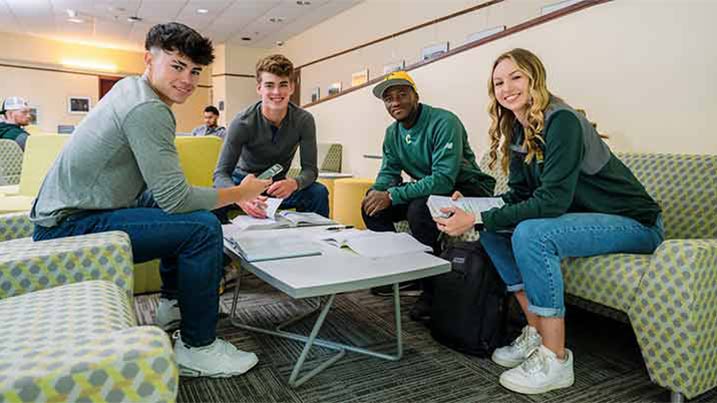 Students hanging out in a lounge area.