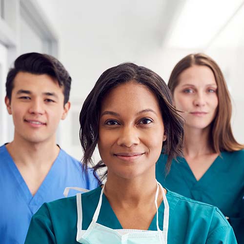 Healthcare career professionals in scrubs