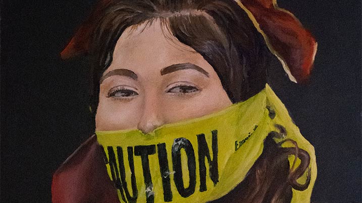 A painting of a woman with caution tape over her mouth.