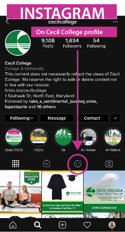 Screenshot showing how to get to graduation filters on Instagram.