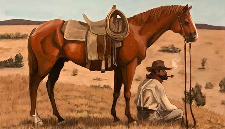 Landscape painting of a man with a horse.