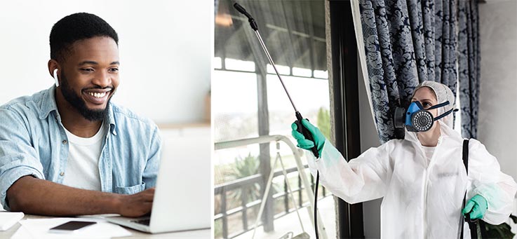 A man using a laptop and a person spraying for pests.